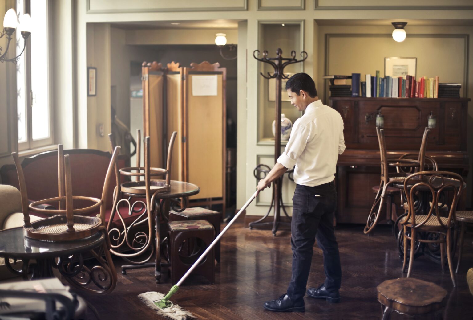 Cleaning a commercial interior in the evening after closing
