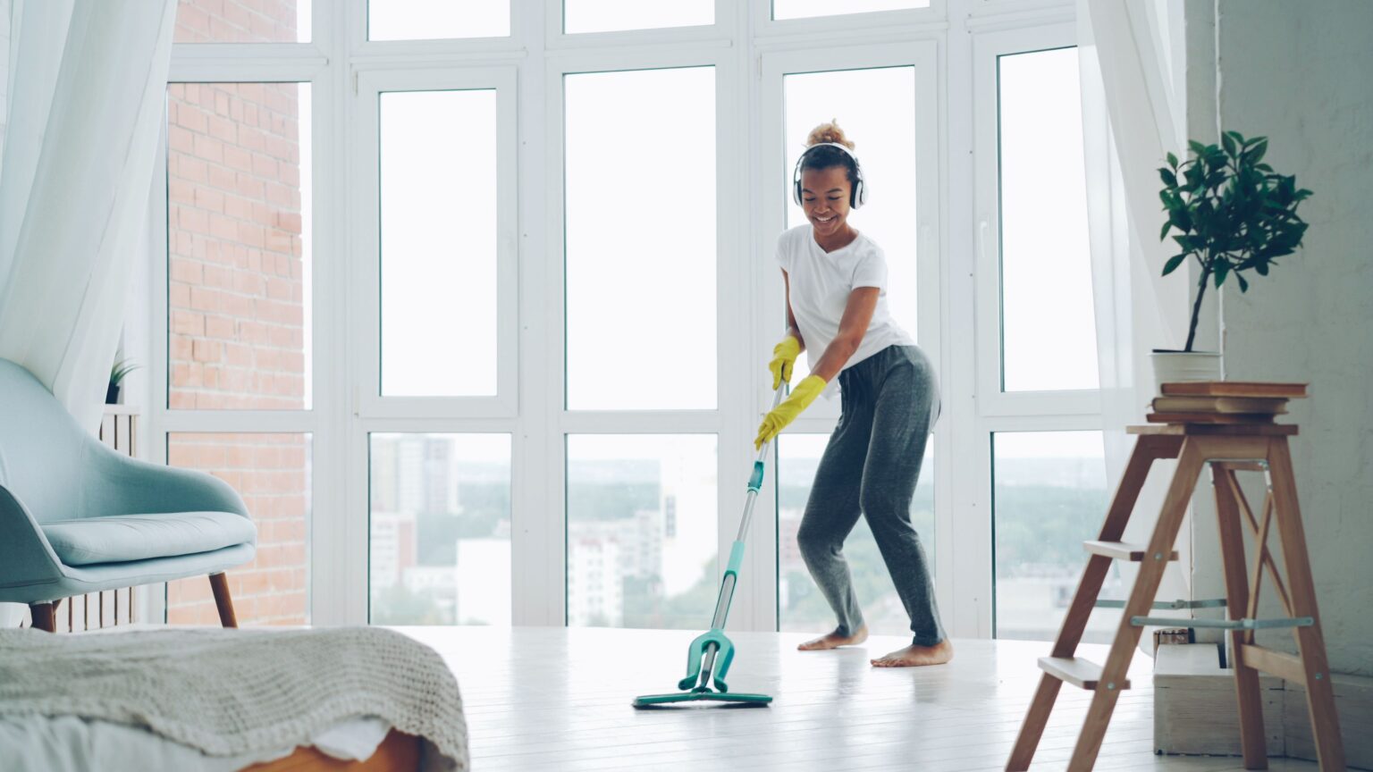 Cleaning a bright shared living area in a Dayton apartment building