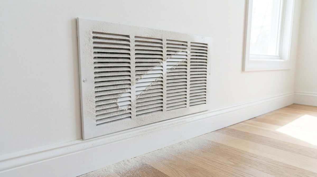 Fine drywall dust coating a wall HVAC return vent and baseboard after a home remodel in Dayton, OH