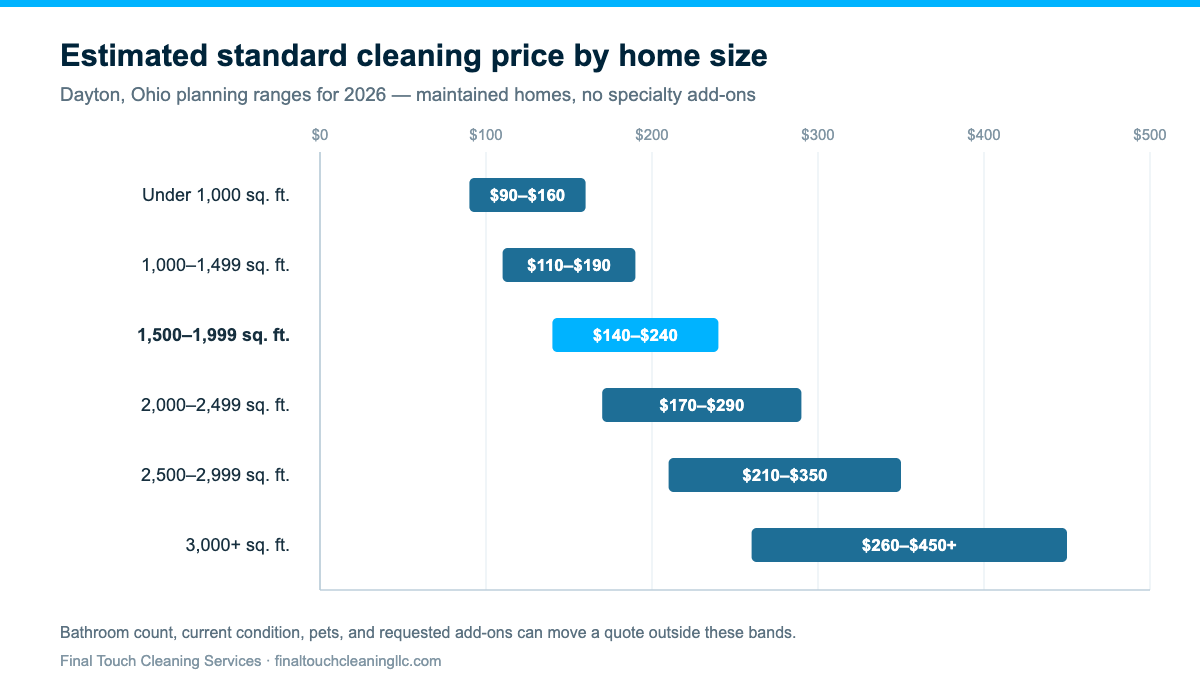 Chart of estimated standard house cleaning prices by home size in Dayton, Ohio, from $90–$160 under 1,000 square feet to $260–$450+ over 3,000 square feet