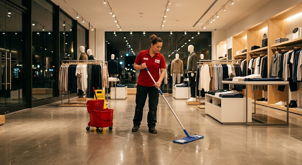 Professional retail floor cleaning on a store sales floor