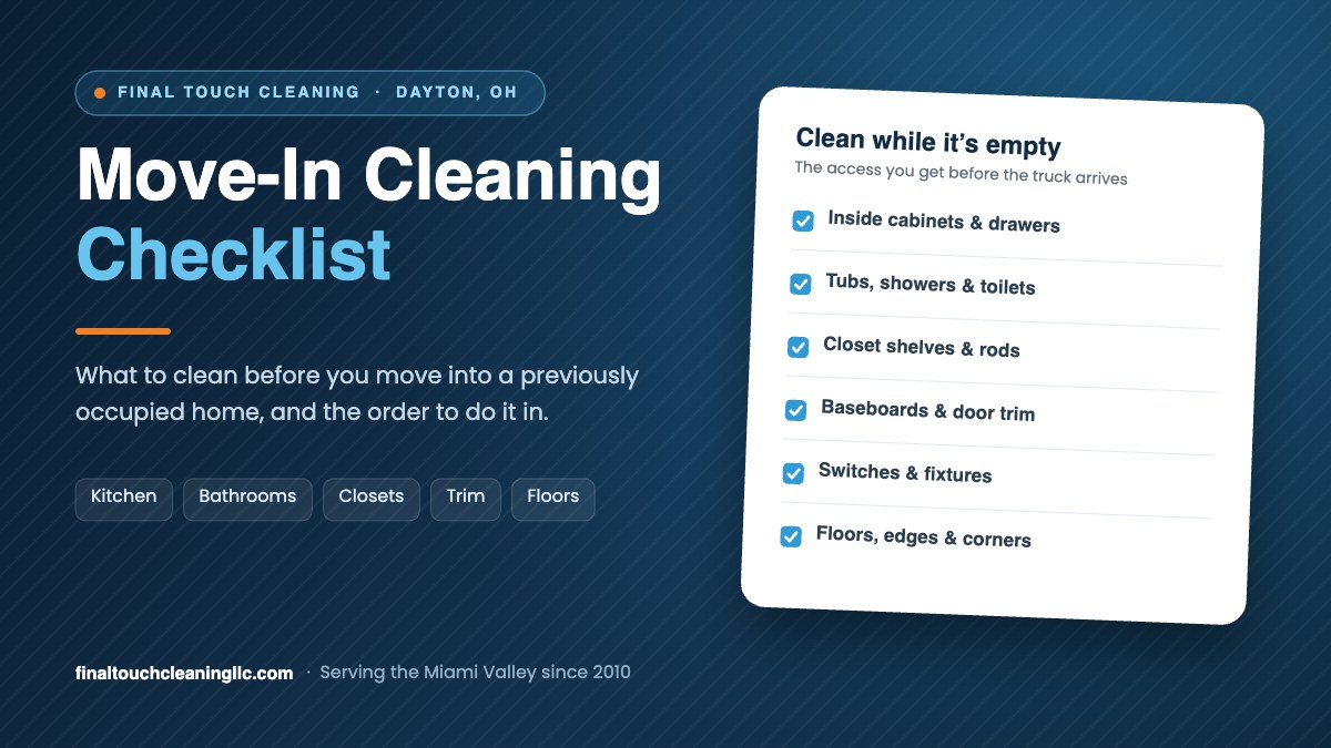Move-in cleaning checklist graphic for Dayton, OH homes listing what to clean before moving in