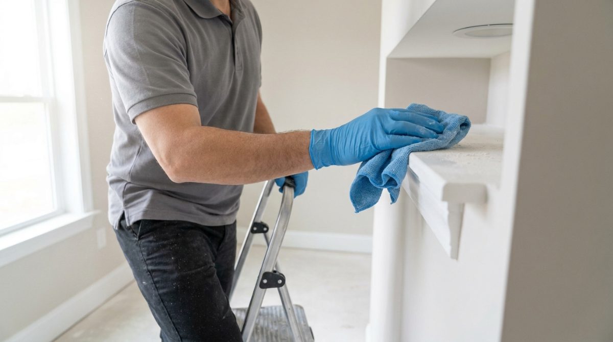 Professional cleaner wiping construction dust from a high ledge with a microfiber cloth during post-construction cleaning in Dayton, OH