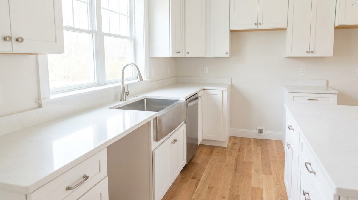Newly remodeled kitchen with dust-free counters, cabinets and floors after professional post-construction cleaning in Dayton, OH